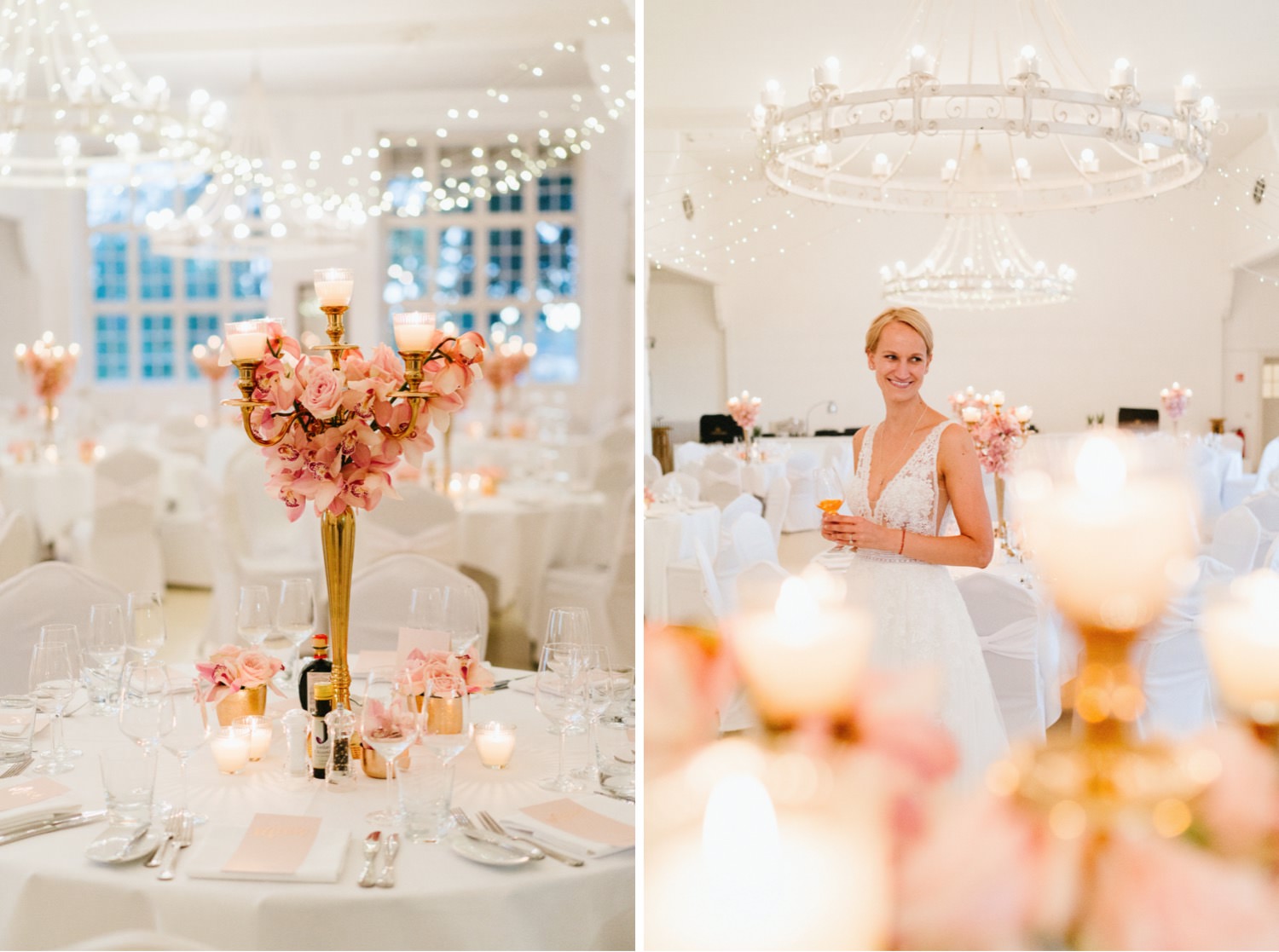 Zwei Fotos auf dem linken ist ein geschmückter Tisch mit großen Blumen und auf dem rechten die Braut, die sich über die Deko freut zu sehen