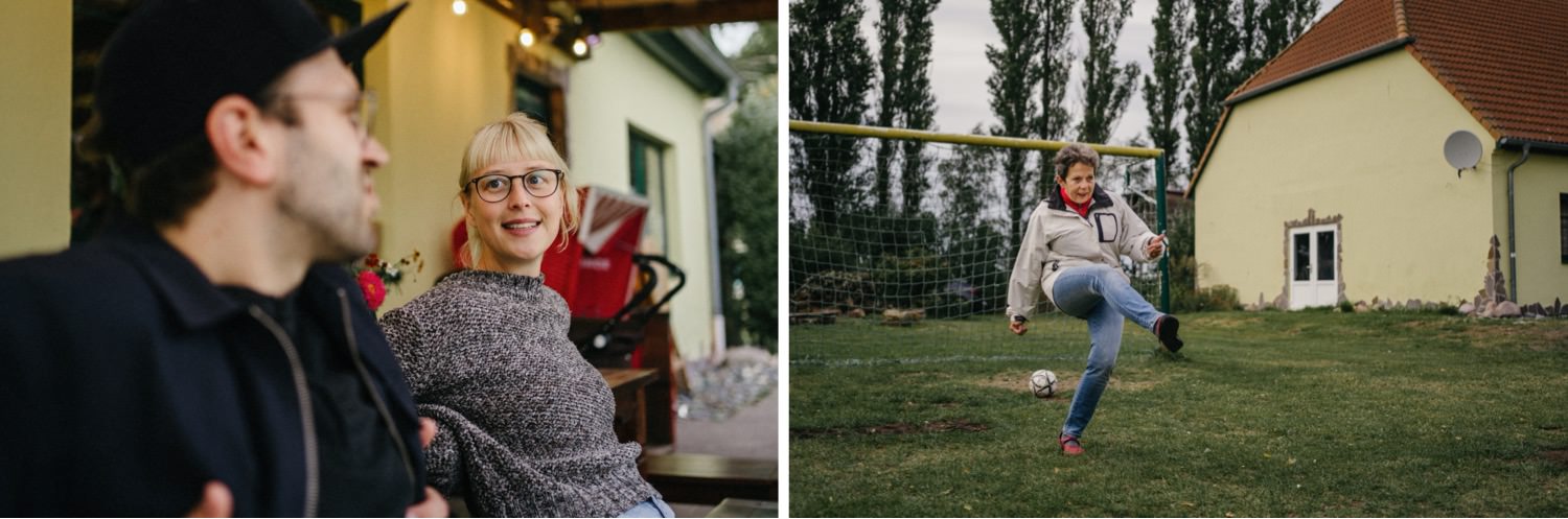 Die Hochzeitsgäste beim ausgelassenen Get Together und beim Fußballspielen auf dem Gelände des Ummaii auf Rügen